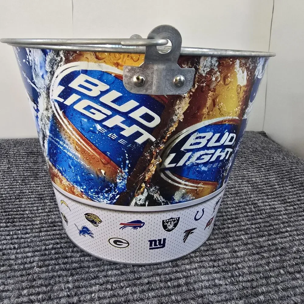 Bud Light NFL Logo Metal Ice Pail Beer Bucket Bar  9